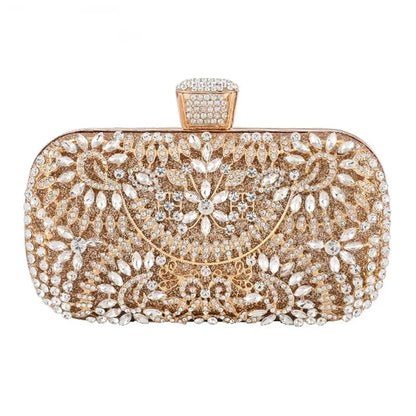 Diamond Luxury Evening Clutch for Women Wedding Golden Purse Chain Shoulder Bag Small Hollow Out Flowers Crystal Party Handbag