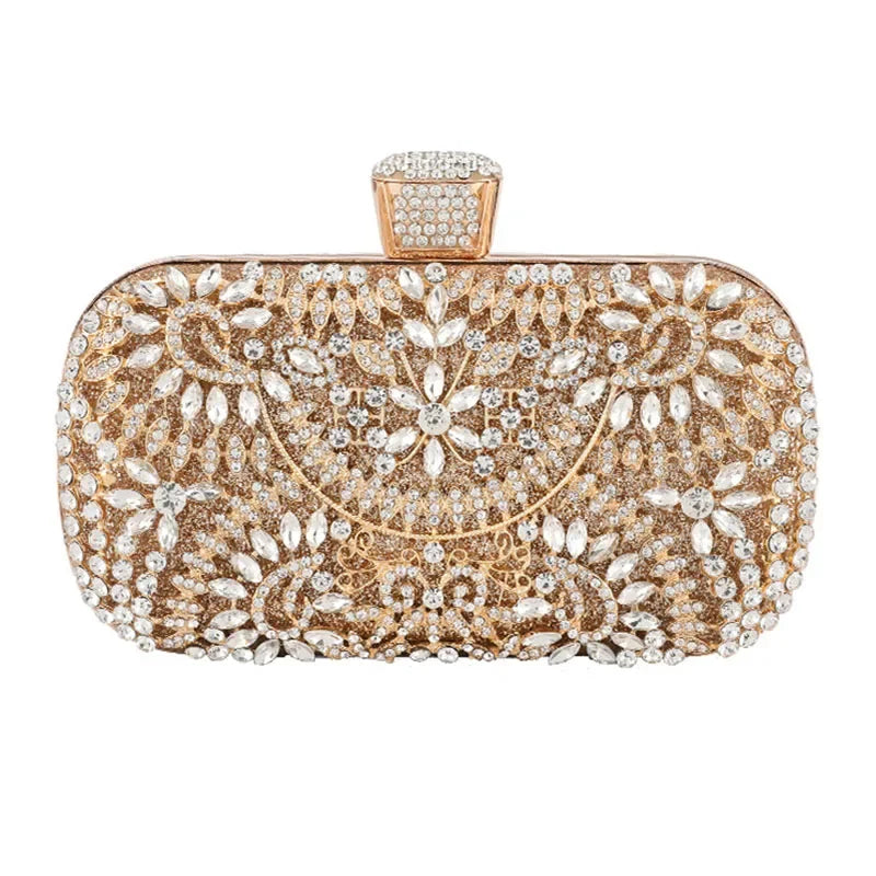 Diamond Luxury Evening Clutch for Women Wedding Golden Purse Chain Shoulder Bag Small Hollow Out Flowers Crystal Party Handbag