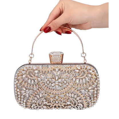 Diamond Luxury Evening Clutch for Women Wedding Golden Purse Chain Shoulder Bag Small Hollow Out Flowers Crystal Party Handbag