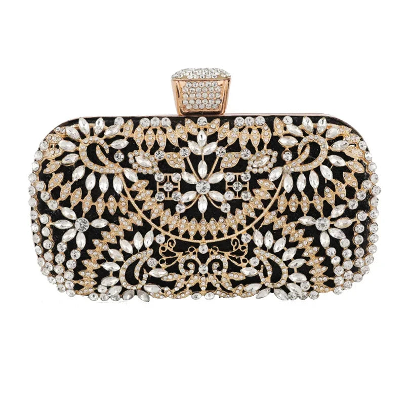 Diamond Luxury Evening Clutch for Women Wedding Golden Purse Chain Shoulder Bag Small Hollow Out Flowers Crystal Party Handbag