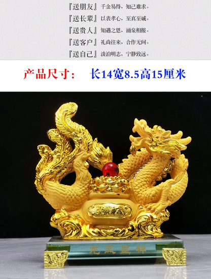 Diwansi Resin Gold Placer Dragon and Phoenix Lucky Ornaments To Send Wedding Gifts Living Room Festive Wedding Room Decoration
