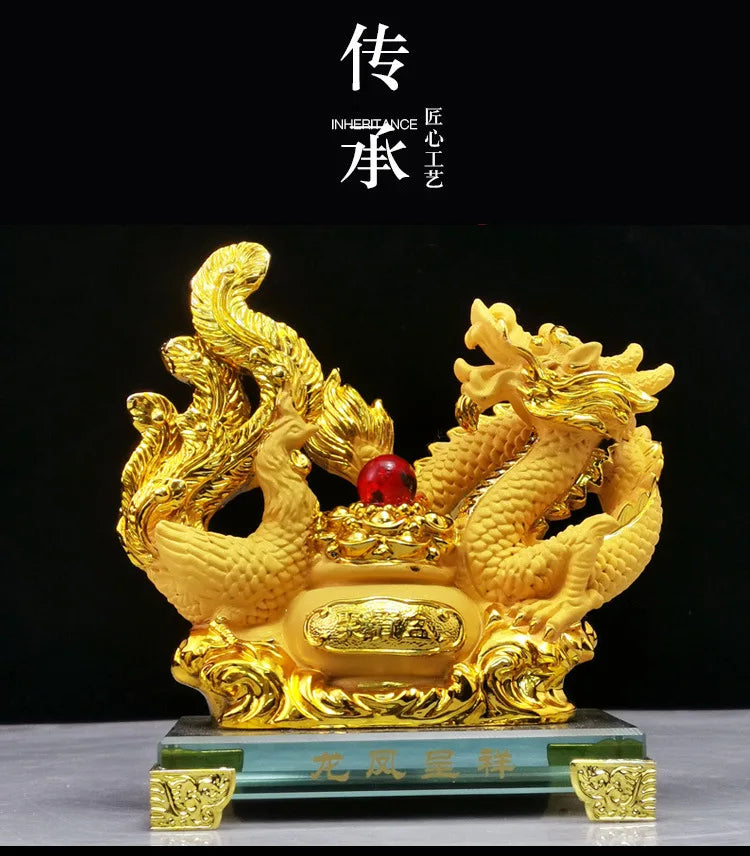 Diwansi Resin Gold Placer Dragon and Phoenix Lucky Ornaments To Send Wedding Gifts Living Room Festive Wedding Room Decoration