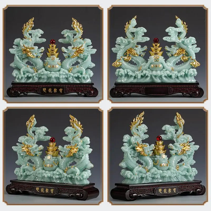 Double Dragon Treasure Bowl Fortune Qinglong Ornaments Living Room Office Decor Housewarming Gifts Business Gifts