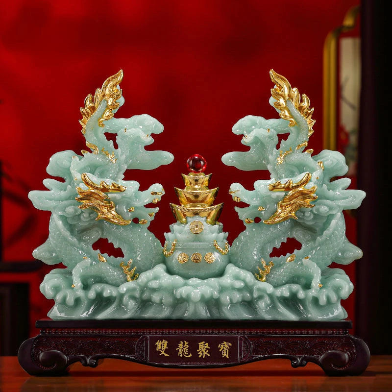 Double Dragon Treasure Bowl Fortune Qinglong Ornaments Living Room Office Decor Housewarming Gifts Business Gifts