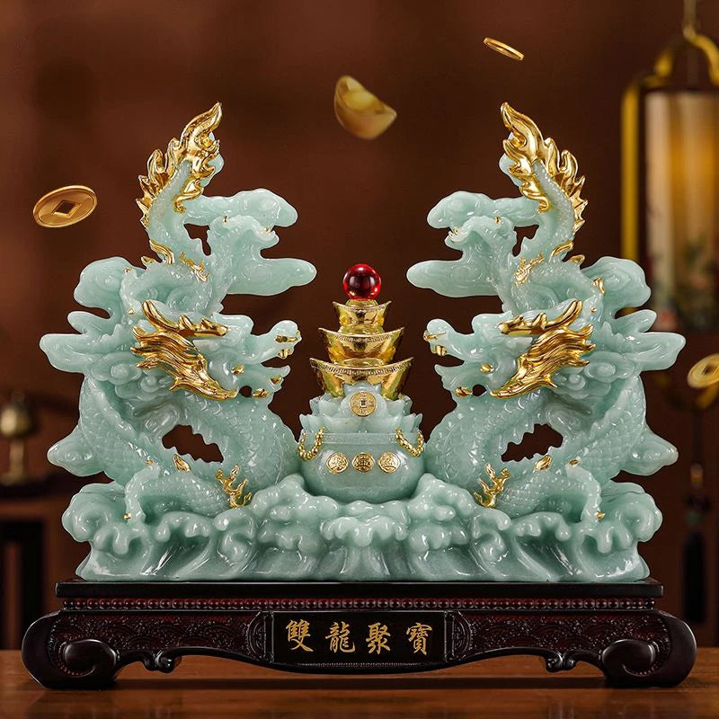 Double Dragon Treasure Pot Brings Wealth Green Dragon Decoration Living Room Office Decoration Relocation Gift Opening Gift