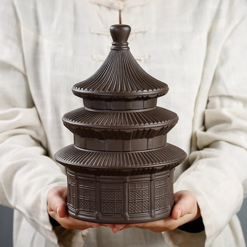 Double Layer Ceramic Sealed Tea Storage Tank, Creative Pagoda, Purple Sand, Large Retro Tea Box, Household Tea Canister