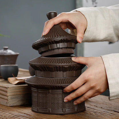 Double Layer Ceramic Sealed Tea Storage Tank, Creative Pagoda, Purple Sand, Large Retro Tea Box, Household Tea Canister