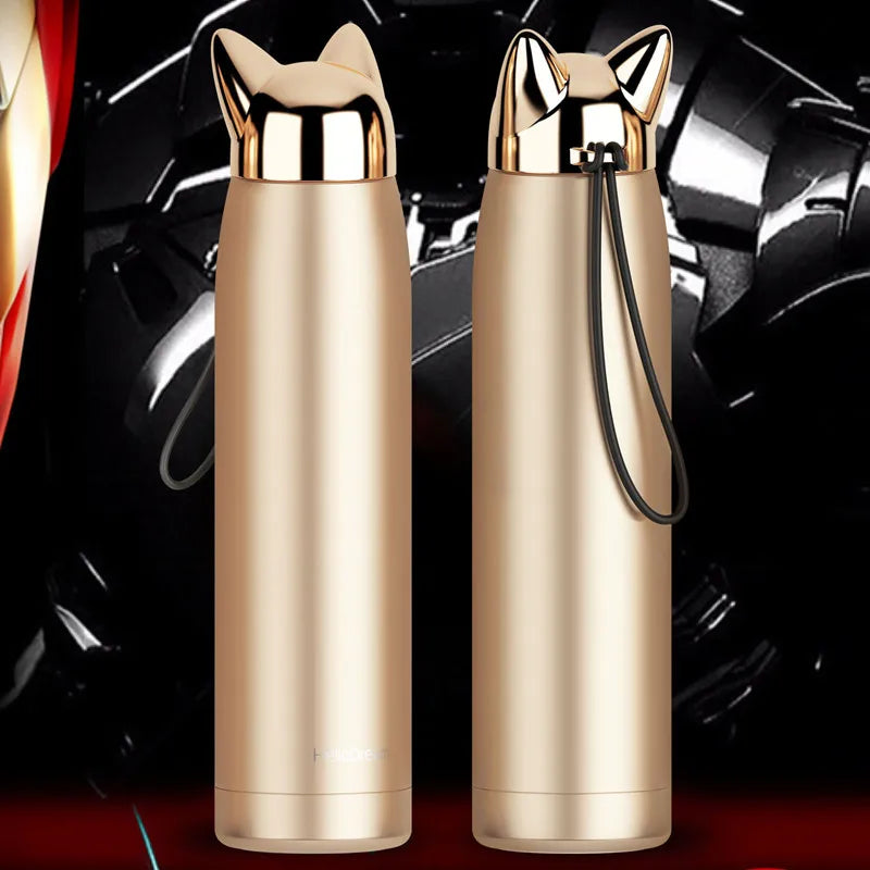 Double Wall Thermos Bottle Stainless Steel Vacuum Flasks Cups 320ml Cute Cat Fox Ear Thermal Coffee Tea Milk Travel Mug Auto Cup