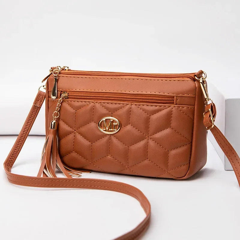 Double Zipper Crossbody Bag 2024 New Fashion PU Diamond Lattice Shoulder Bag Tassel Decoration More Zipper Pocket Large Capacity