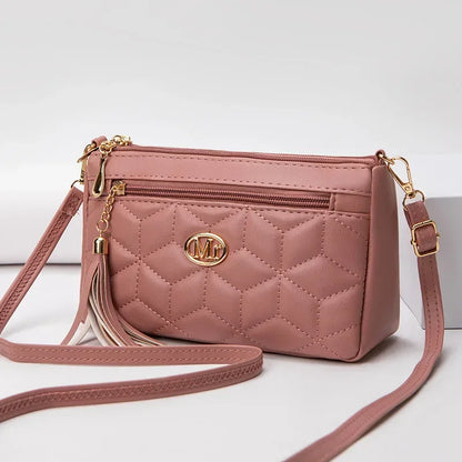 Double Zipper Crossbody Bag 2024 New Fashion PU Diamond Lattice Shoulder Bag Tassel Decoration More Zipper Pocket Large Capacity