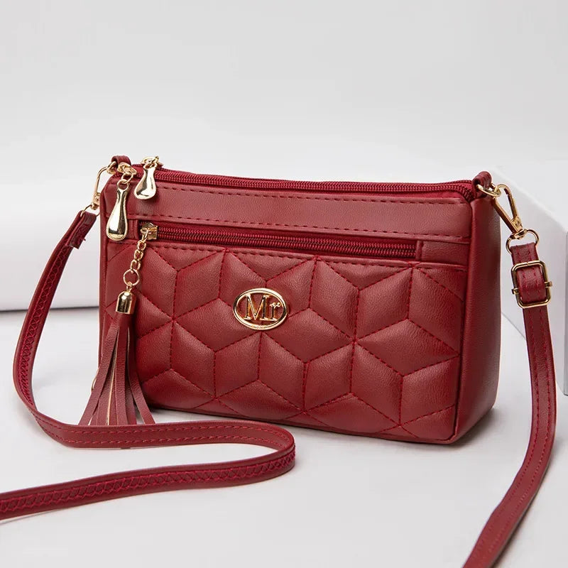 Double Zipper Crossbody Bag 2024 New Fashion PU Diamond Lattice Shoulder Bag Tassel Decoration More Zipper Pocket Large Capacity