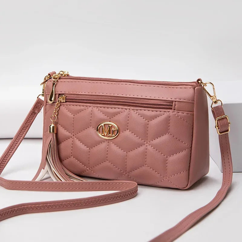 Double Zipper Crossbody Bag 2024 New Fashion PU Diamond Lattice Shoulder Bag Tassel Decoration More Zipper Pocket Large Capacity