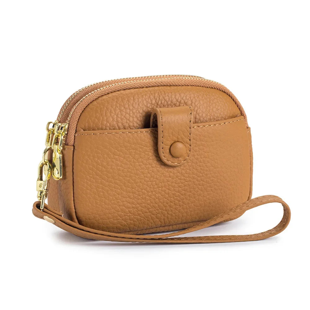 Double Zipper Leather Purse Multifunctional Large Capacity Clutch Change Coin Pouch Travel Wallet for Women with Wristband