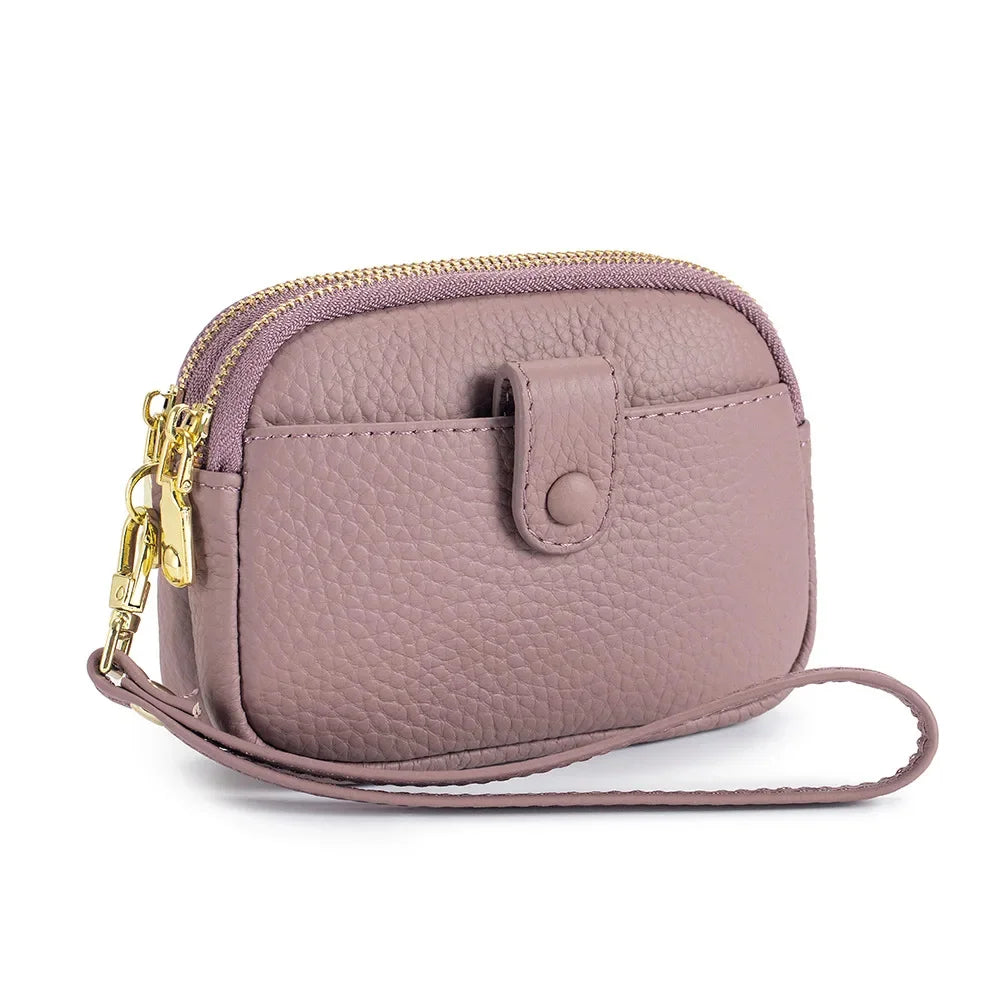 Double Zipper Leather Purse Multifunctional Large Capacity Clutch Change Coin Pouch Travel Wallet for Women with Wristband