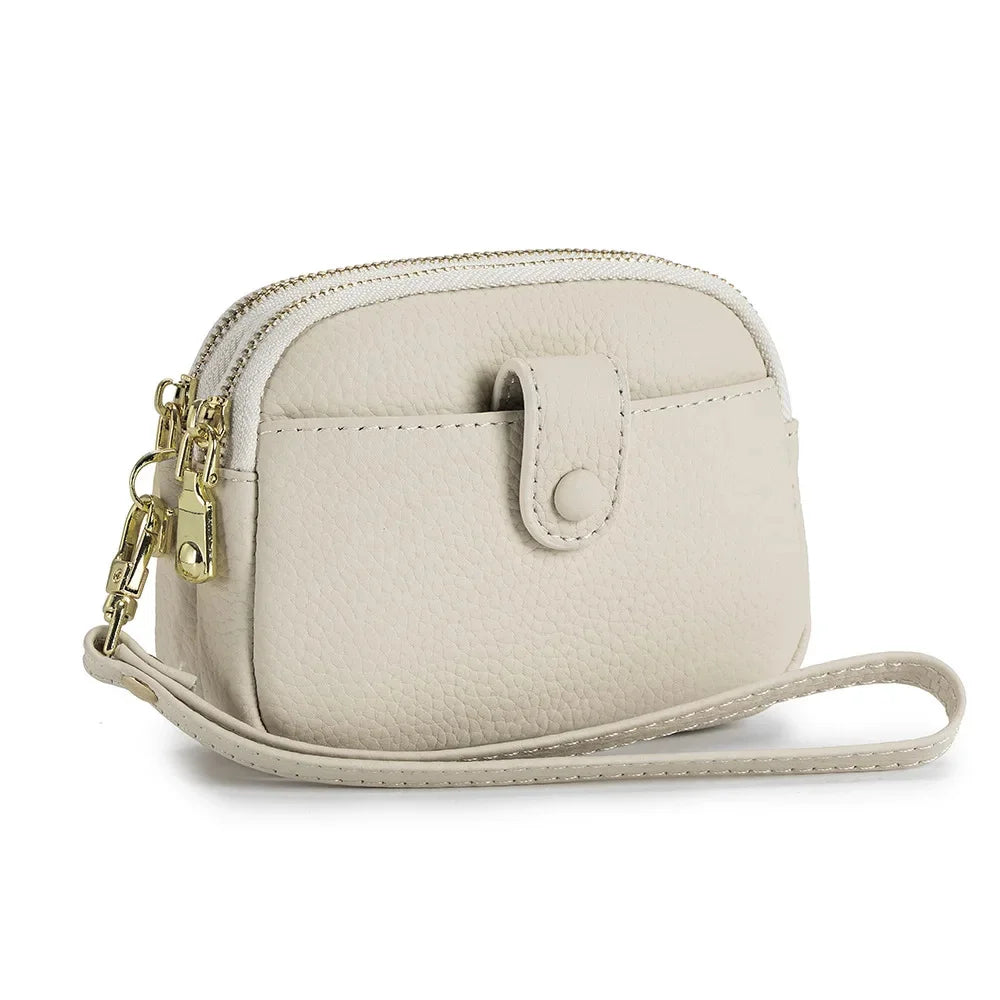 Double Zipper Leather Purse Multifunctional Large Capacity Clutch Change Coin Pouch Travel Wallet for Women with Wristband