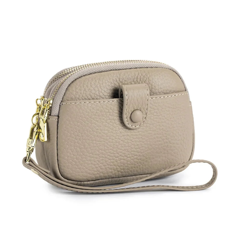 Double Zipper Leather Purse Multifunctional Large Capacity Clutch Change Coin Pouch Travel Wallet for Women with Wristband