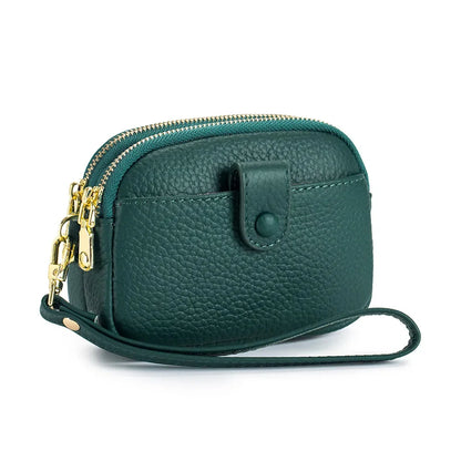Double Zipper Leather Purse Multifunctional Large Capacity Clutch Change Coin Pouch Travel Wallet for Women with Wristband