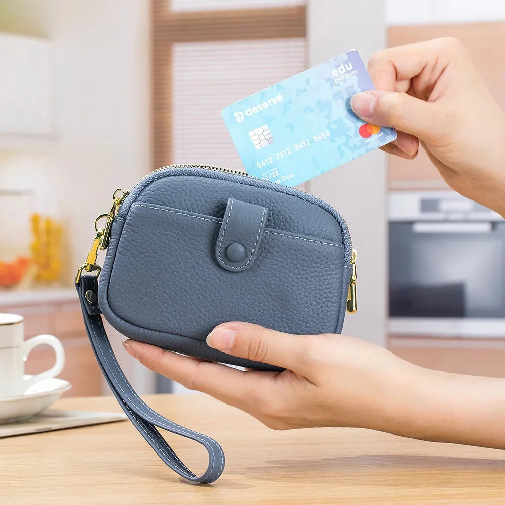 Double Zipper Leather Purse Multifunctional Large Capacity Clutch Change Coin Pouch Travel Wallet for Women with Wristband
