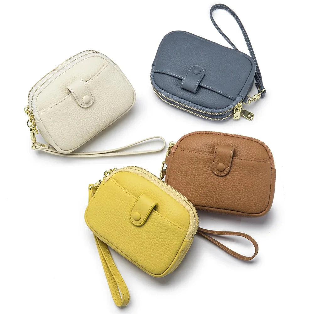 Double Zipper Leather Purse Multifunctional Large Capacity Clutch Change Coin Pouch Travel Wallet for Women with Wristband