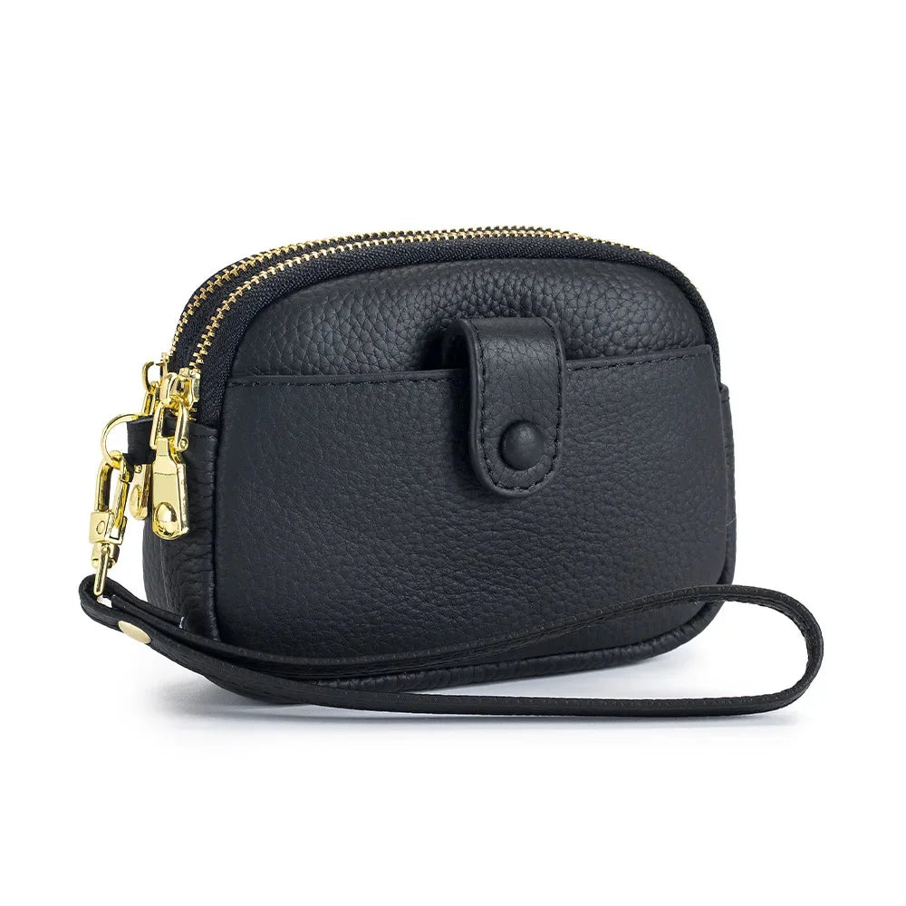 Double Zipper Leather Purse Multifunctional Large Capacity Clutch Change Coin Pouch Travel Wallet for Women with Wristband