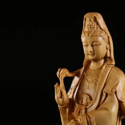 Dragon Guan Yin Bodhisattva Wood Carving, Buddha Statue, Handcrafted from Premium Boxwood, Exquisite