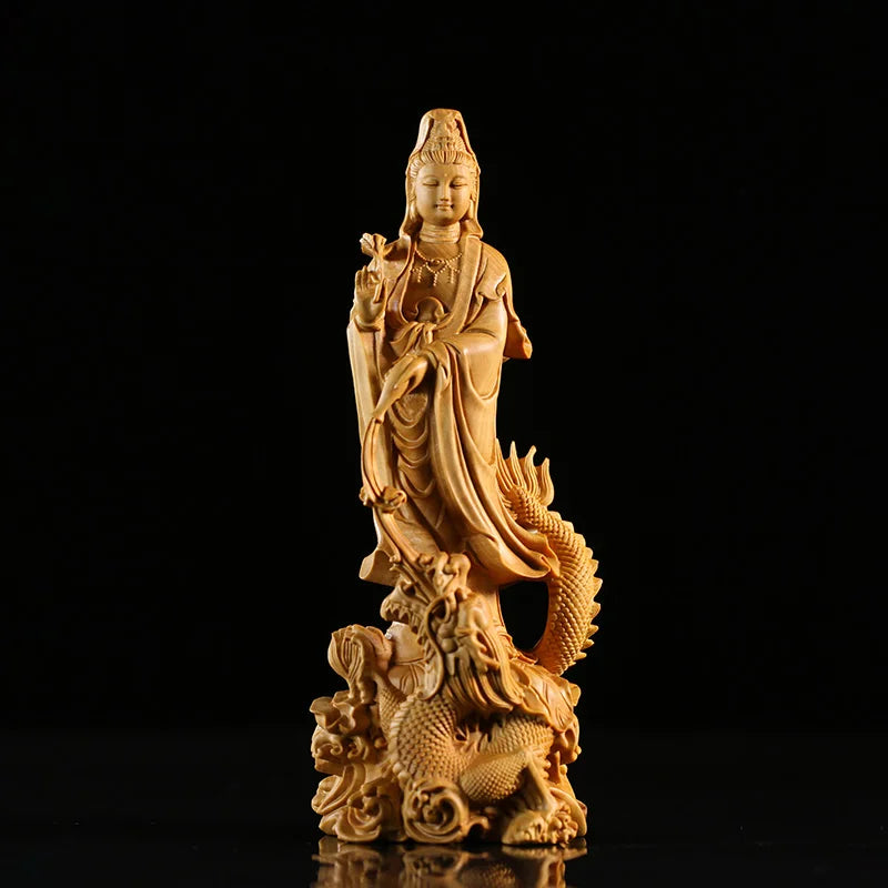 Dragon Guan Yin Bodhisattva Wood Carving, Buddha Statue, Handcrafted from Premium Boxwood, Exquisite
