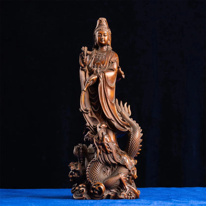 Dragon Guan Yin Bodhisattva Wood Carving, Buddha Statue, Handcrafted from Premium Boxwood, Exquisite