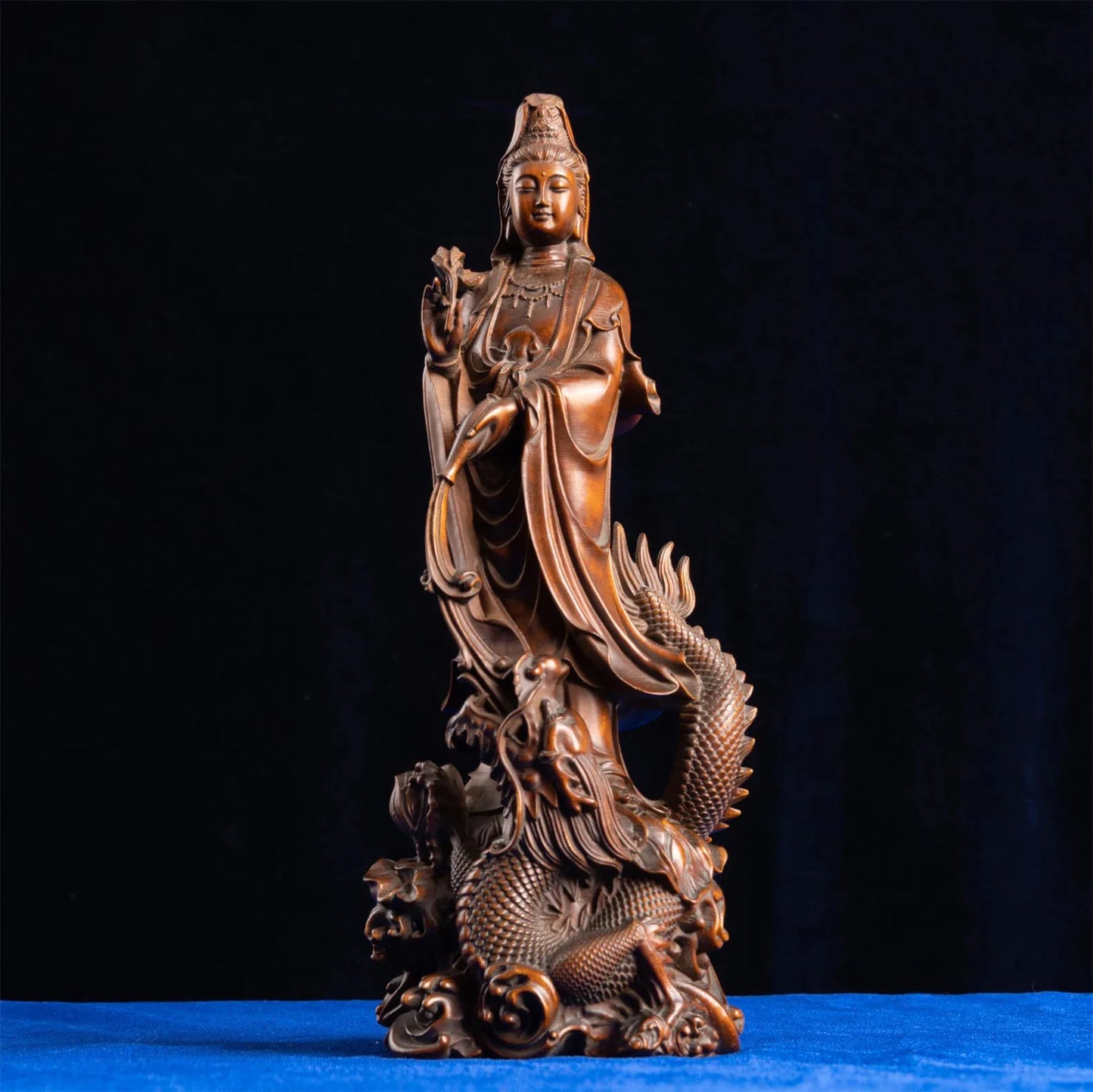 Dragon Guan Yin Bodhisattva Wood Carving, Buddha Statue, Handcrafted from Premium Boxwood, Exquisite
