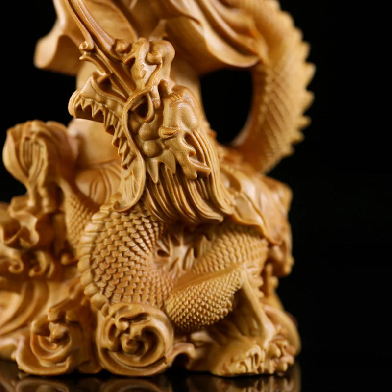 Dragon Guan Yin Bodhisattva Wood Carving, Buddha Statue, Handcrafted from Premium Boxwood, Exquisite