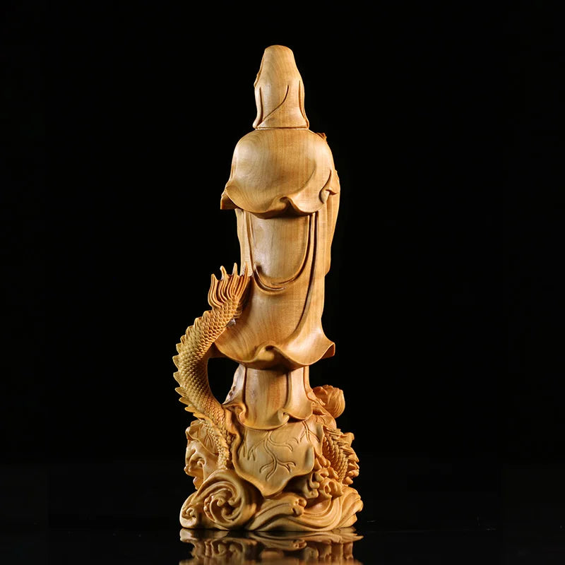 Dragon Guan Yin Bodhisattva Wood Carving, Buddha Statue, Handcrafted from Premium Boxwood, Exquisite