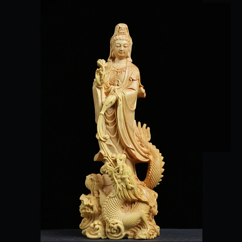 Dragon Guanyin statue wood Carving Buddha Sculpture Feng Shui Craft Solid Wood Worship Home Decor
