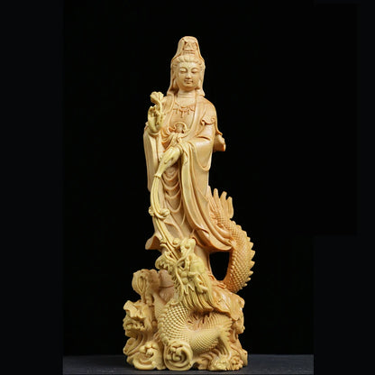 Dragon Guanyin statue wood Carving Buddha Sculpture Feng Shui Craft Solid Wood Worship Home Decor
