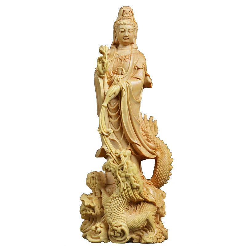 Dragon Guanyin statue wood Carving Buddha Sculpture Feng Shui Craft Solid Wood Worship Home Decor