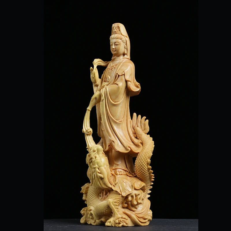 Dragon Guanyin statue wood Carving Buddha Sculpture Feng Shui Craft Solid Wood Worship Home Decor