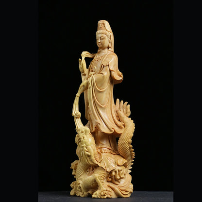 Dragon Guanyin statue wood Carving Buddha Sculpture Feng Shui Craft Solid Wood Worship Home Decor