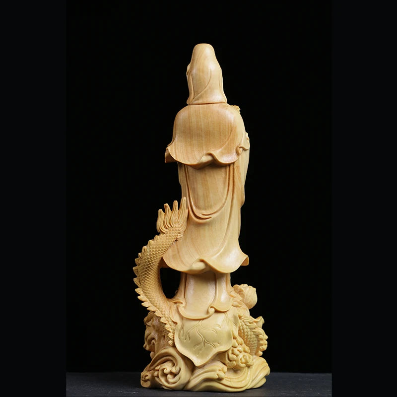 Dragon Guanyin statue wood Carving Buddha Sculpture Feng Shui Craft Solid Wood Worship Home Decor