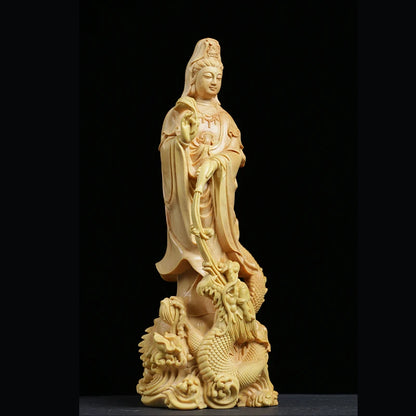 Dragon Guanyin statue wood Carving Buddha Sculpture Feng Shui Craft Solid Wood Worship Home Decor