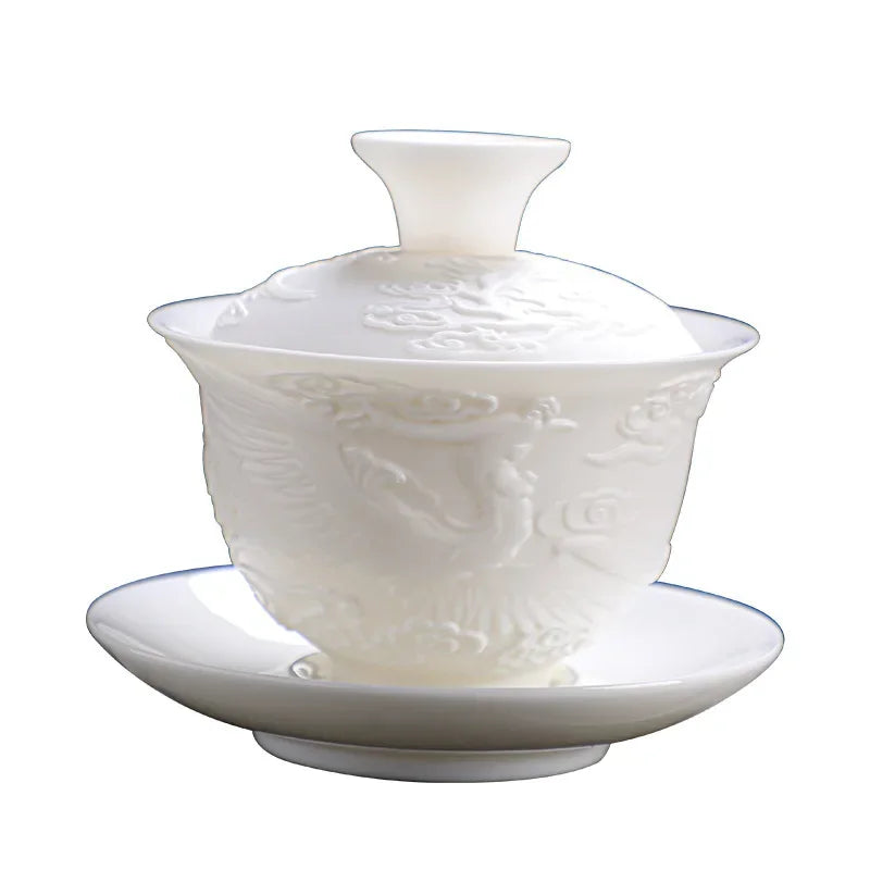 Dragon and Phoenix Ceramic Gaiwan White Porcelain Relief Cover Bowl Kung Fu Tea Cup With Lid and Saucer Gaiwan Jingde Town Puer