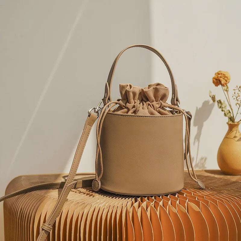 Drawstring Bandage Bucket Bag Genuine Leather Large Capacity Vintage Fashion Handbags 2024 New Commuter Elegant Bolsas Mujer
