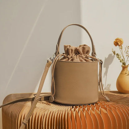 Drawstring Bandage Bucket Bag Genuine Leather Large Capacity Vintage Fashion Handbags 2024 New Commuter Elegant Bolsas Mujer
