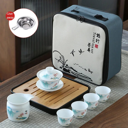 Drinkware Set Chinese Kung Fu Travel Tea Set Ceramic Portable Teacup Porcelain Service Gaiwan Tea Cup Mug of Tea Ceremony Teapot