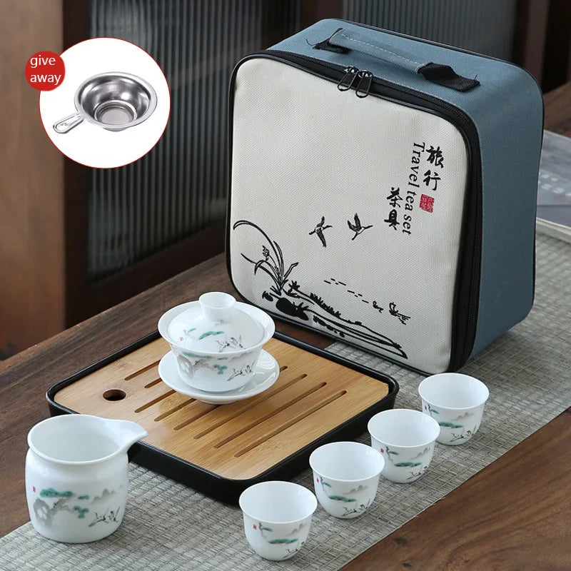 Drinkware Set Chinese Kung Fu Travel Tea Set Ceramic Portable Teacup Porcelain Service Gaiwan Tea Cup Mug of Tea Ceremony Teapot