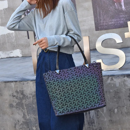 Drop Shipping Women bag Luminous sac Briefcase Diamond Tote Geometry Quilted Shoulder Bags Laser Plain Folding Handbags bolso