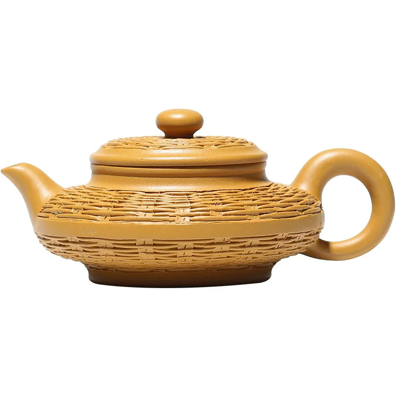 Duan Mud Purple Clay Pot Bamboo Woven Water Flat Pot Zisha Teapot Yixing Handmade Pot Kung-fu Teaware  Purple Clay Drinkware