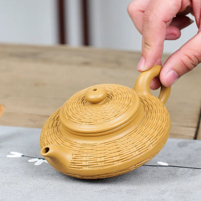 Duan Mud Purple Clay Pot Bamboo Woven Water Flat Pot Zisha Teapot Yixing Handmade Pot Kung-fu Teaware  Purple Clay Drinkware