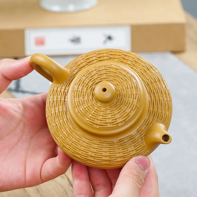 Duan Mud Purple Clay Pot Bamboo Woven Water Flat Pot Zisha Teapot Yixing Handmade Pot Kung-fu Teaware  Purple Clay Drinkware
