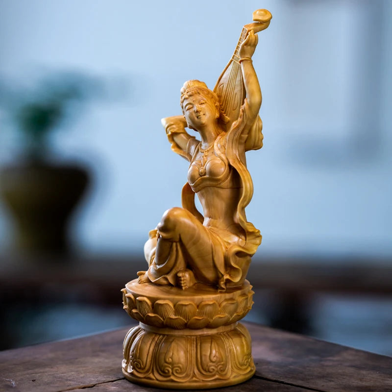 Dunhuang Fairy Playing The Pipa Wood Carving Solid Wood Sculpture Feng Shui Crafts Beauty Home Decoration