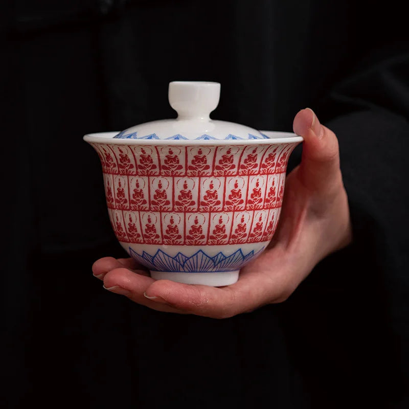 Dunhuang Thousand Buddhas Jade Gaiwan For Tea Porcelain Chinese Tureen Teaware Set Tea Bowl Kung Fu Tea Chawan Tea Cups Lily