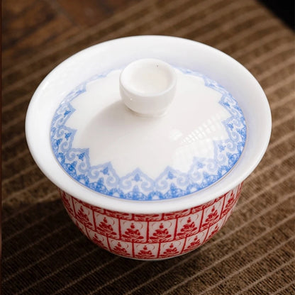 Dunhuang Thousand Buddhas Jade Gaiwan For Tea Porcelain Chinese Tureen Teaware Set Tea Bowl Kung Fu Tea Chawan Tea Cups Lily