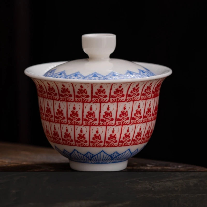 Dunhuang Thousand Buddhas Jade Gaiwan For Tea Porcelain Chinese Tureen Teaware Set Tea Bowl Kung Fu Tea Chawan Tea Cups Lily